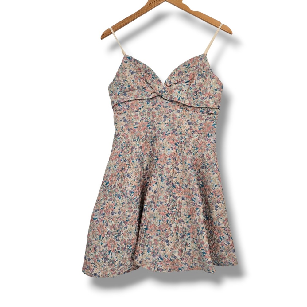 Maniju Women Pastel Floral Tapestry Jacquard Mini Dress Sweetheart Pink Blue M